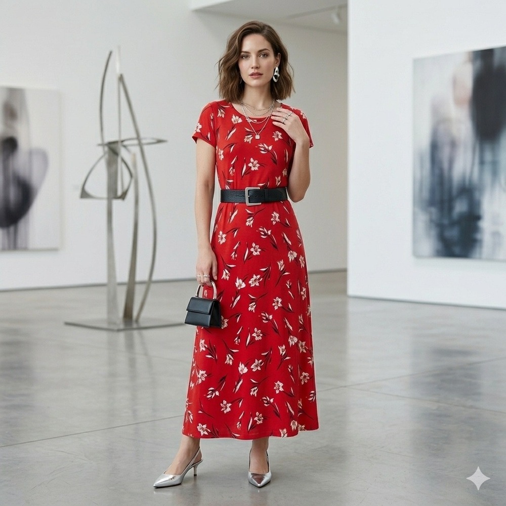 VTG TMG Floral Maxi Dress Women Jersey L Red Short Sleeve Lily Print Cottagecore